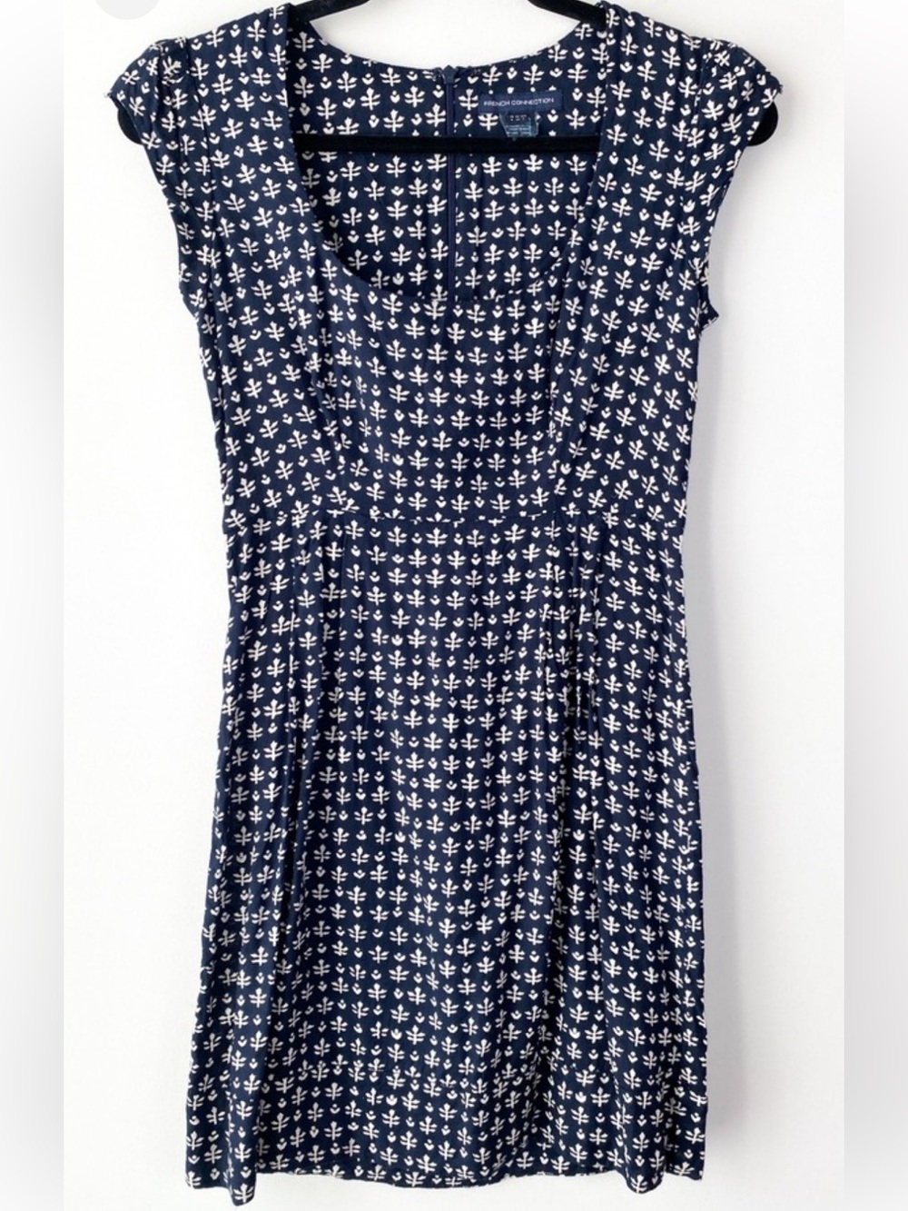VTG French Connection Womens Printed Mini Dress 4 Navy Cap Sleeve Floral 90s